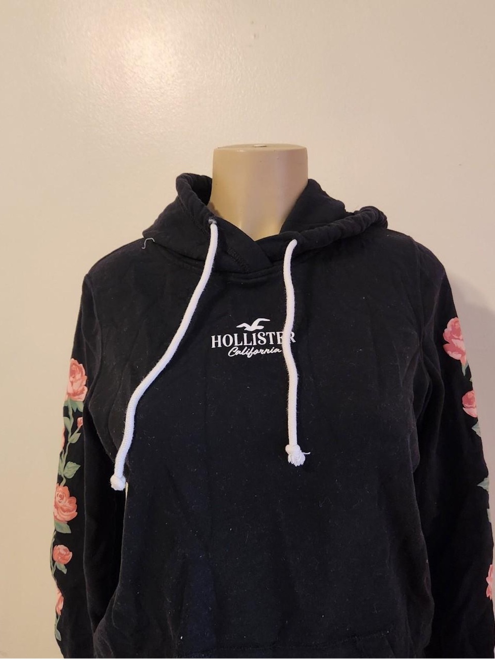 Hollister Black Pullover Hoodie with Pink Rose Sleeve Vines
